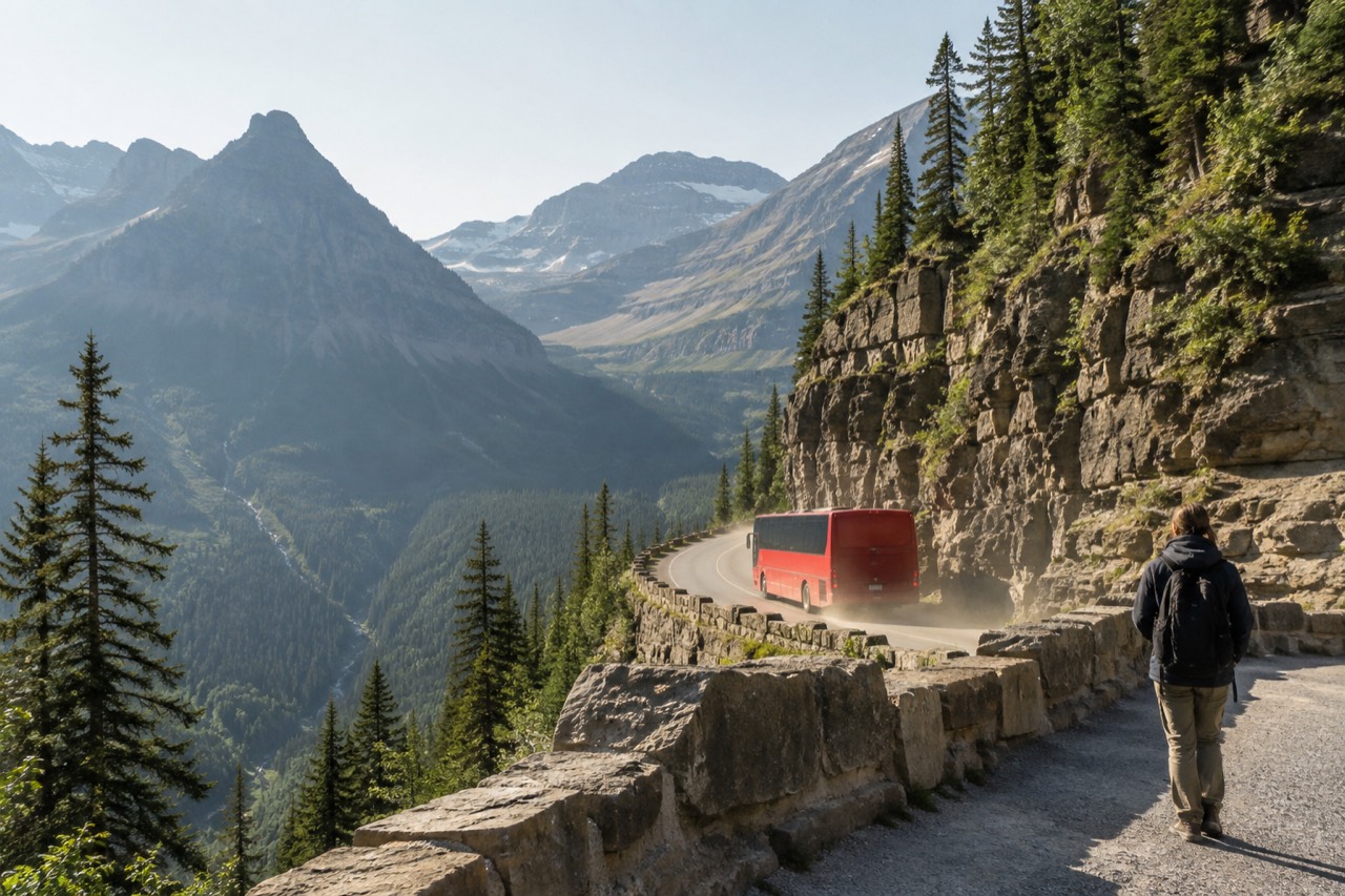 Going-to-the-Sun Road winding through Glacier National Park mountains in Montana, with a guided tour vehicle heading toward the high country